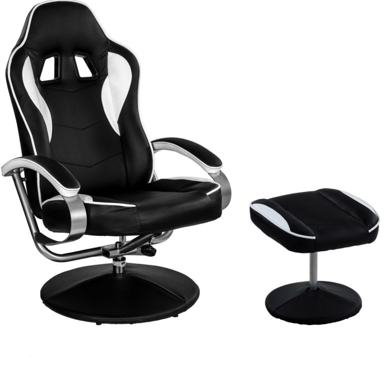 Scaun de birou GT Relax Racer cu suport pentru picioare, negru-alb