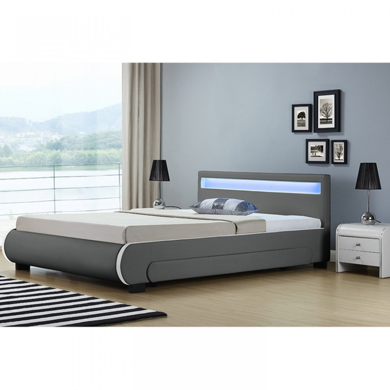 Pat tapițat Bilbao cu spațiu de depozitare și iluminare LED 180 x 200 cm | gri